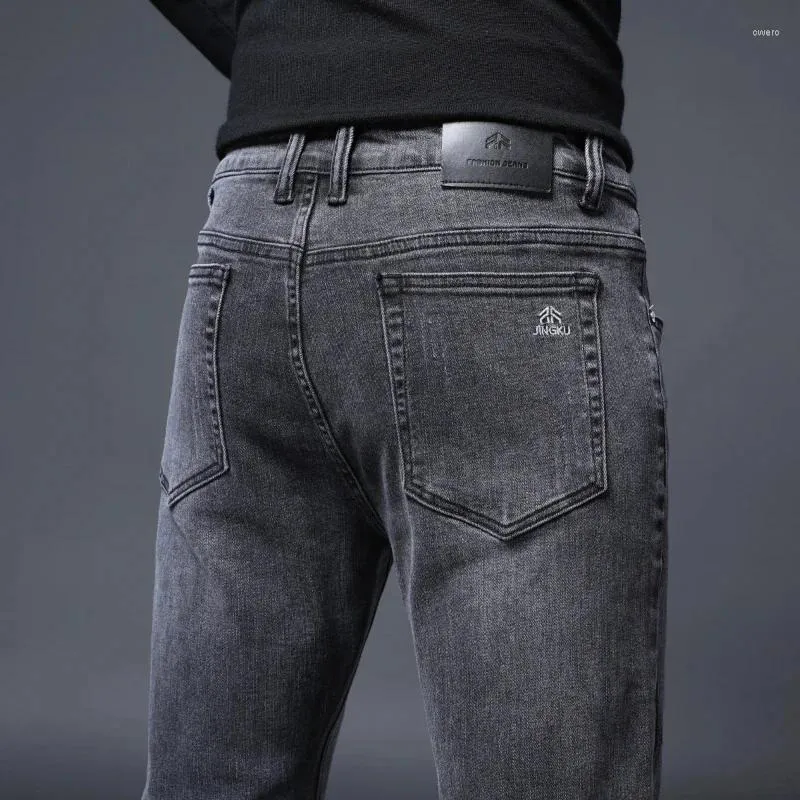 Mäns jeans 2024 Slim Straight Fashion Korean Elastic Cotton Four Seasons Denim Trousers Brand Clothing Classic Black Grey