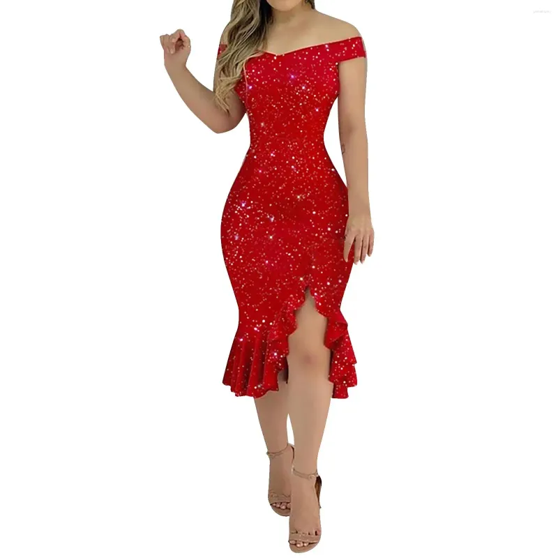 Casual Dresses Women's Banket Dress Sexig Off Shoulder Slim Montering Fashion Sequin Solid Color Ruffle Oregelbunden elegant kväll