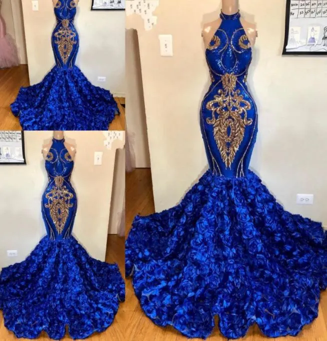 Kraliyet Mavi Denizkızı Prom Elbiseler Altın Aplikler Seksi Halter kolsuz gece önlükleri 3D Çiçek Süpürme Tren Kokteyl resmi Par4499367