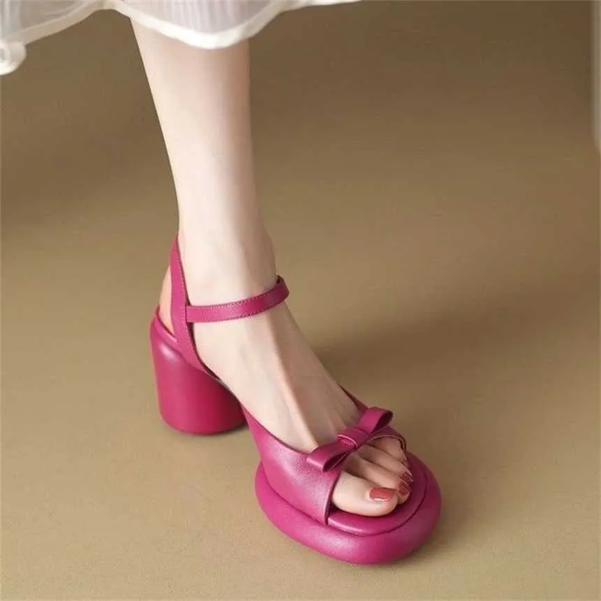 Top Summer Roman Style Sandals Heels One Line Buckle Beach Round Toe Bow High Heel Shoes For Women Sandles Flip Flop 240228