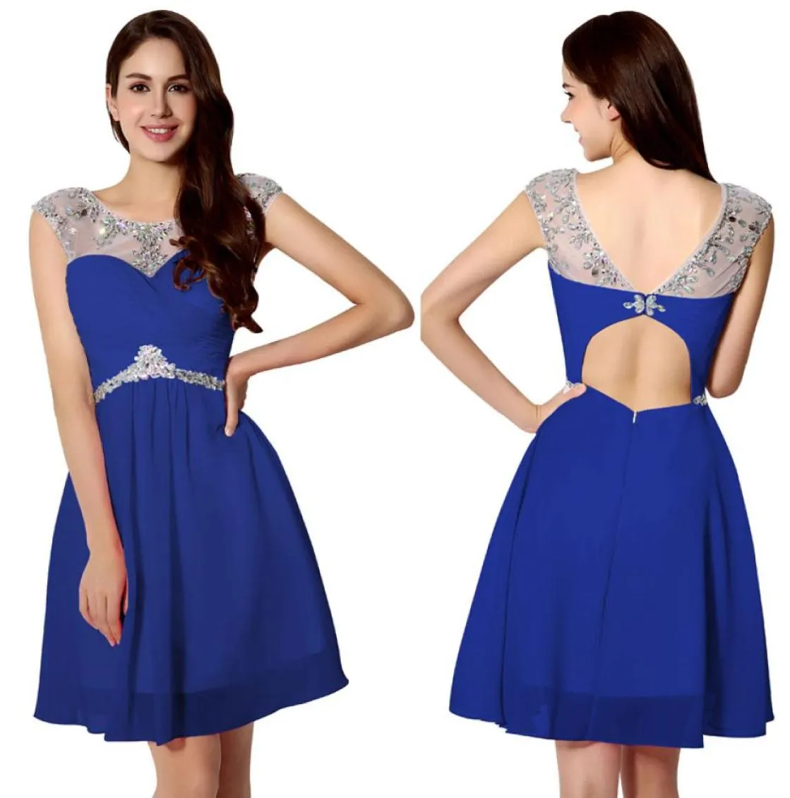 2019 Royal Blue Curto Homecoming Vestidos Frisado Chiffon Jewel Neck Uma Linha 16 Menina Vestidos de Baile Vestidos de Formatura Novo SD2182273713