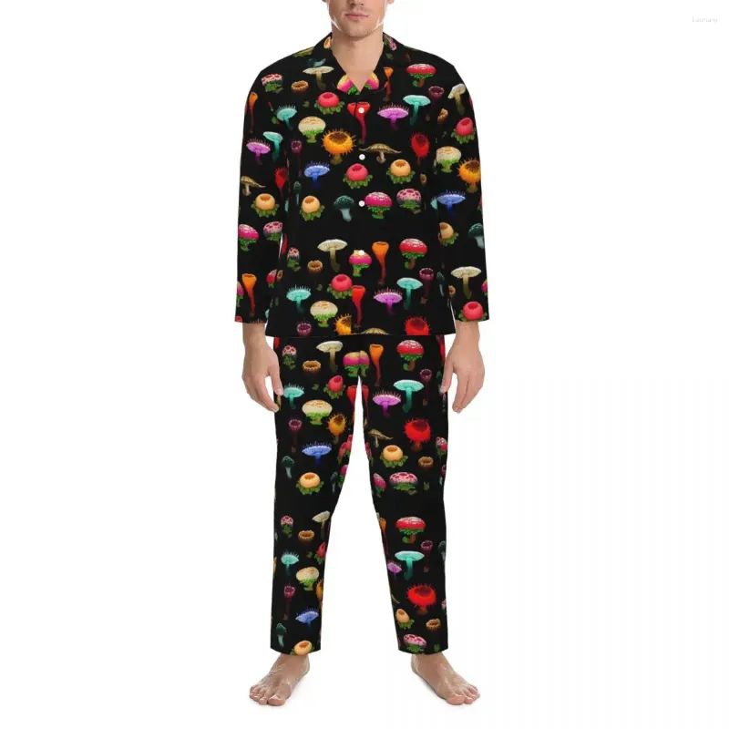 Мужская одежда для сна, красочные пижамы с грибами, осенний красный желтый милый комплект из 2 предметов для отдыха, повседневная свободная ночная рубашка большого размера на заказ