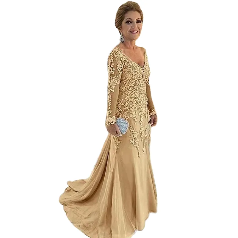 gold wedding guest dress with sleeves SHEIN Clasi Women's V-Neck Long Sleeve Pleated Elegant Charming Gold-Color Dress Fall Wedding Guest Dress Gold