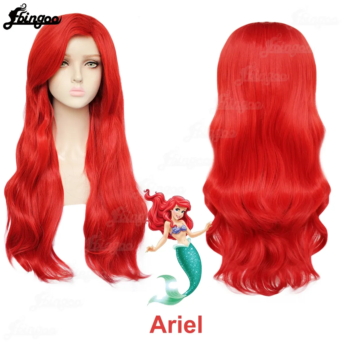 Perucas Ebingoo A Pequena Sereia Princesa Ariel Peruca Cosplay Vermelho Longo Onda Corporal Ondulado Perucas Sintéticas para Halloween Costume Party