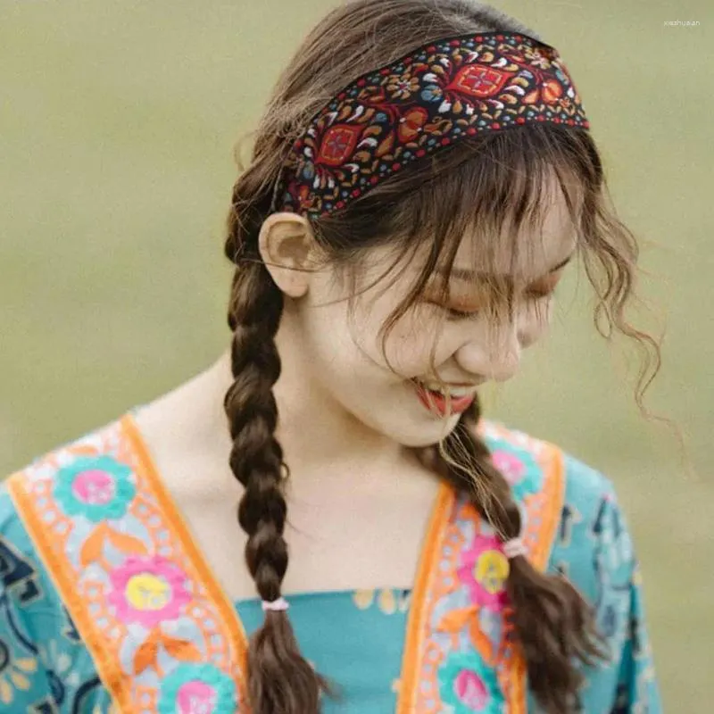 Acessórios de cabelo feminino bordado flor faixas boêmio fita estilo nacional faixa de cabelo colorido envoltório v0u6