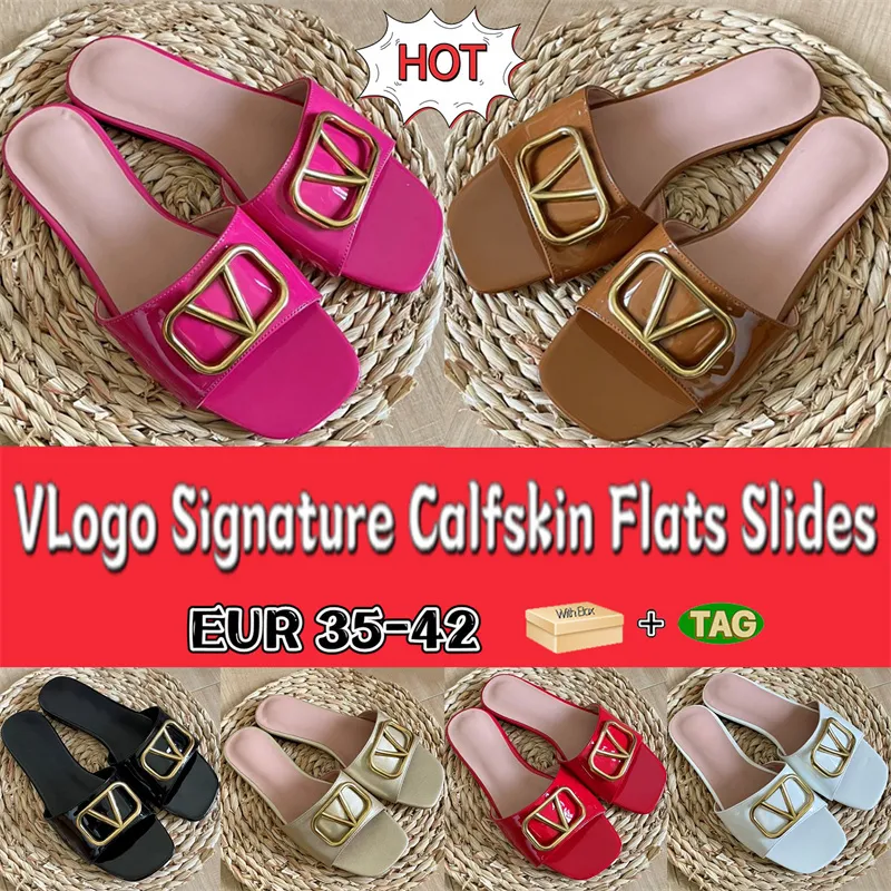 with box Womens flat slides designer slippers VLogo Signature Calfskin Flats Slide Sandals summer beach Solid slipper Scuffs luxury sandal white black red Patent