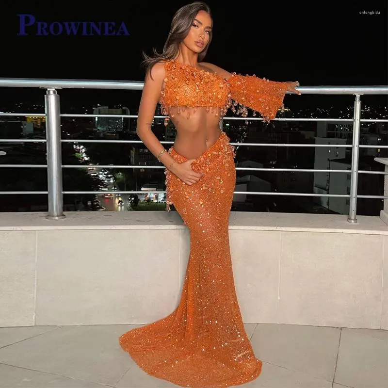 Robes de piste Prowinea robe de célébrité sirène scintillante pour les femmes une épaule cristaux paillettes balayage train robes De Festa faites sur commande