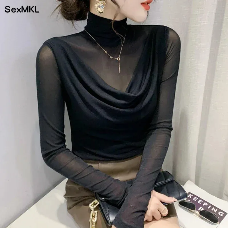 Sexy Mesh Basic T-shirts Women Fashion Turtleneck Casual Long Sleeve Y2k Tops Korean Clothes Woman Black Winter T Shirt 4XL 240311