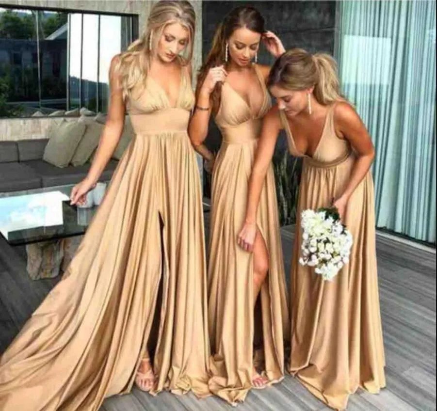 Gold Bridesmaid Dresses Deep V Neck Soft Silk Side Split Sweep Train A Line Sexy Prom Dress Party Wear Junior Bridesmaid Dress6183219