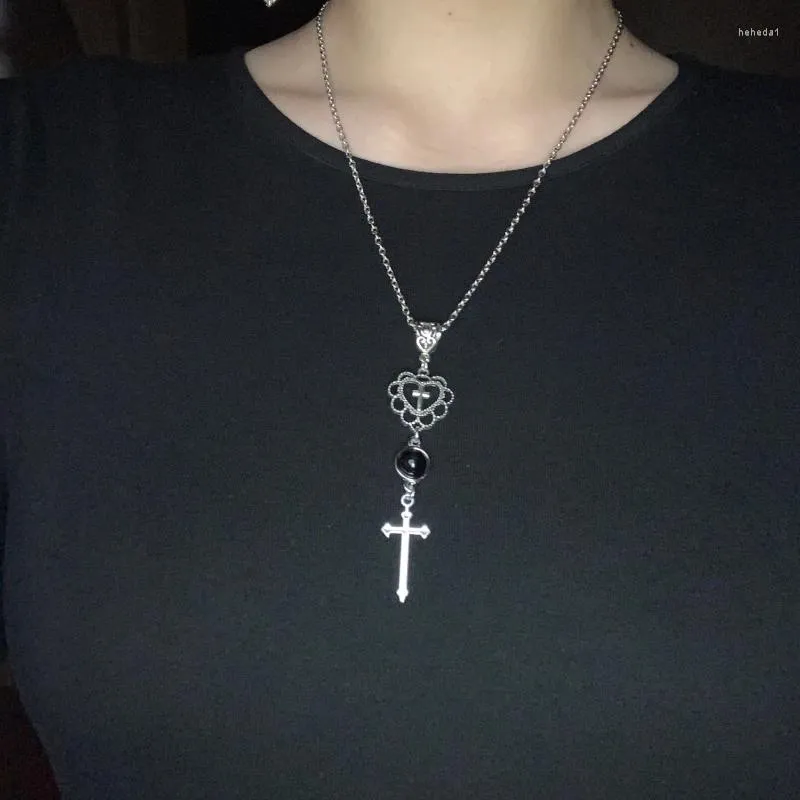 Pendant Necklaces Retro Hipster Love Crystal Cross Necklace Onyx Black Stone Heart Gothic Women's