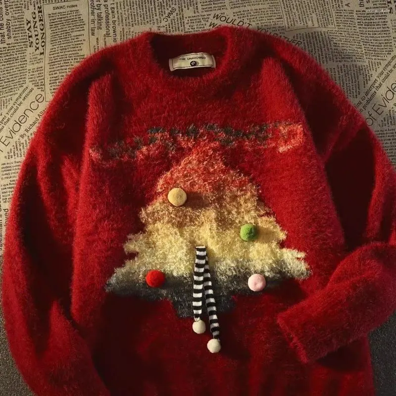 Herrtröjor Lazy Style Red Pullovers för kvinnors vinter 2024 med vintage julgranmönster mjukt fluffigt par tvättbjörn plyschtröja