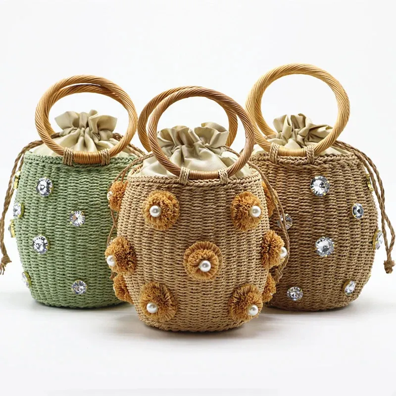 Handmade Rhinestone Crystal Embellished Straw Bag Small Bucket Lady Travel Purses and Handbags 240307