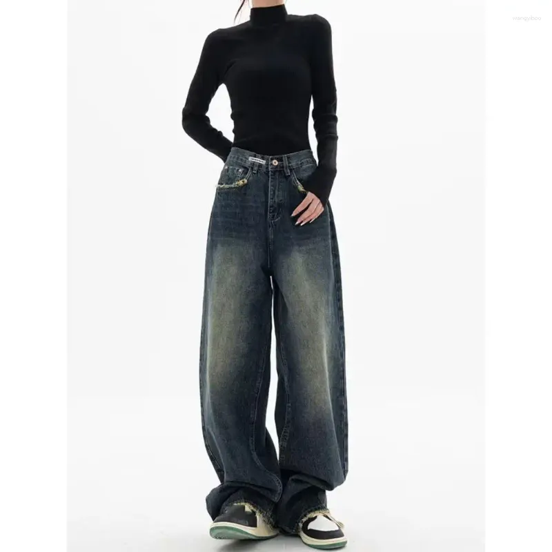 Kvinnors jeans casual stil kvinnor byxor vintage hög midja bred ben denim med djupa grenfickor golvlängd lös för höft