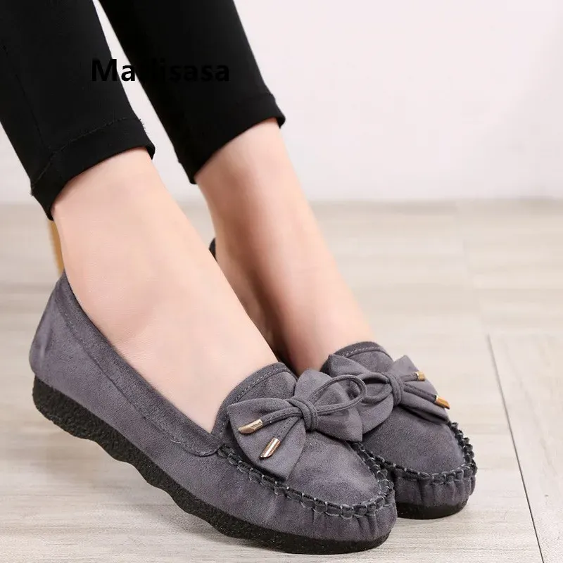 Loafers Marlisasa Zapatos de Mujer Kadınlar Günlük Yüksek Kaliteli Hafif Slig Slip Düz Ayakkabılar Lady Gri Bow Tie Flats Serin Ayakkabılar F2030