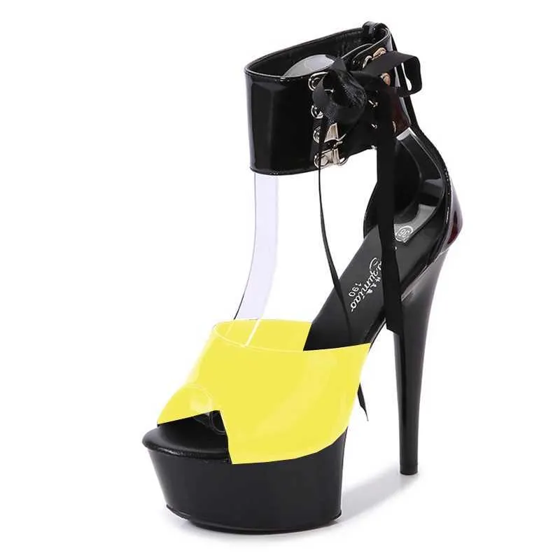 Scarpe eleganti Tacchi sottili Colori misti Stripper per adulti Sandali estivi da donna Piattaforma 15 cm Cinturino alla caviglia in pelle verniciata Donna BedYVBI H240325