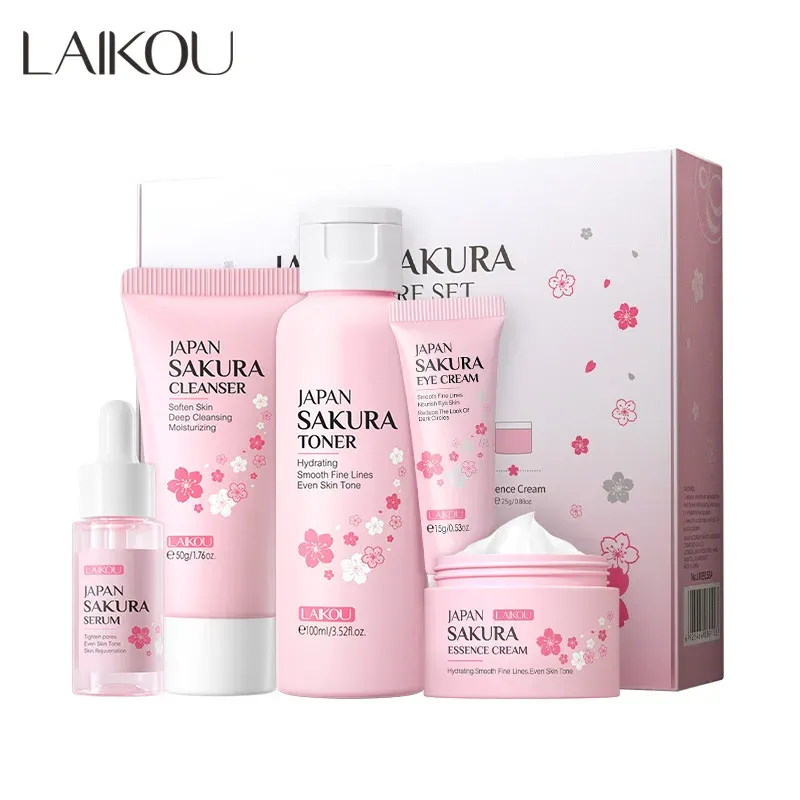 보습제 Laikou Sakura Kit Skin Care 세트 보습 및 감소 세정 구멍 제품 5Viece 한국 스킨 케어 세트