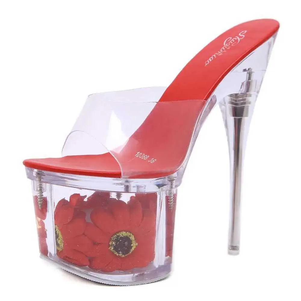 Kleiderschuhe Sonnenblumen Frauen Sommer 2020 Außen Pantoffeln Klarer Absatz Slipper Super High Heels 17,5 cm Plattform sexy Größe 34-43 H240321NZ43AWYJ