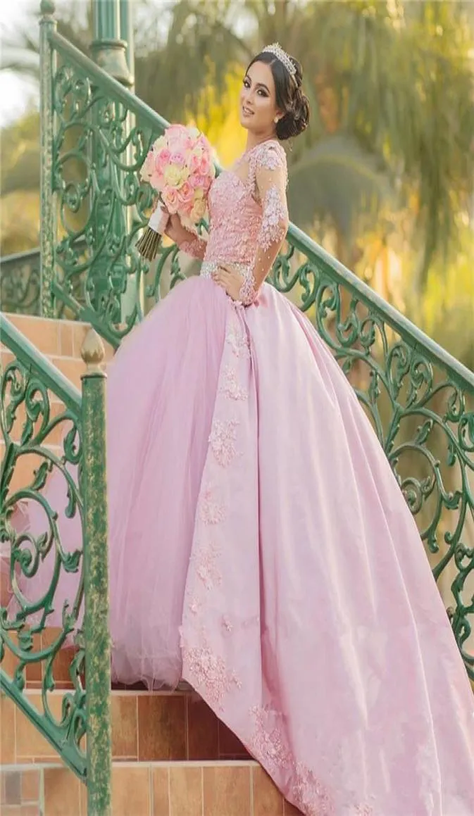 魅力的なピンクのボールガウンスウィート16 Quinceaneraドレス長袖レース3D花型ベスティドス15 ANOSプラスサイズのページェントプロムガウン4266938