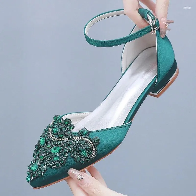 Summer Weddings 2cm Flat Heel Water Diamond Button Rhinestone Sandals Flat with Square Shallow Mouth for Casual and Bridal WearColor Blue