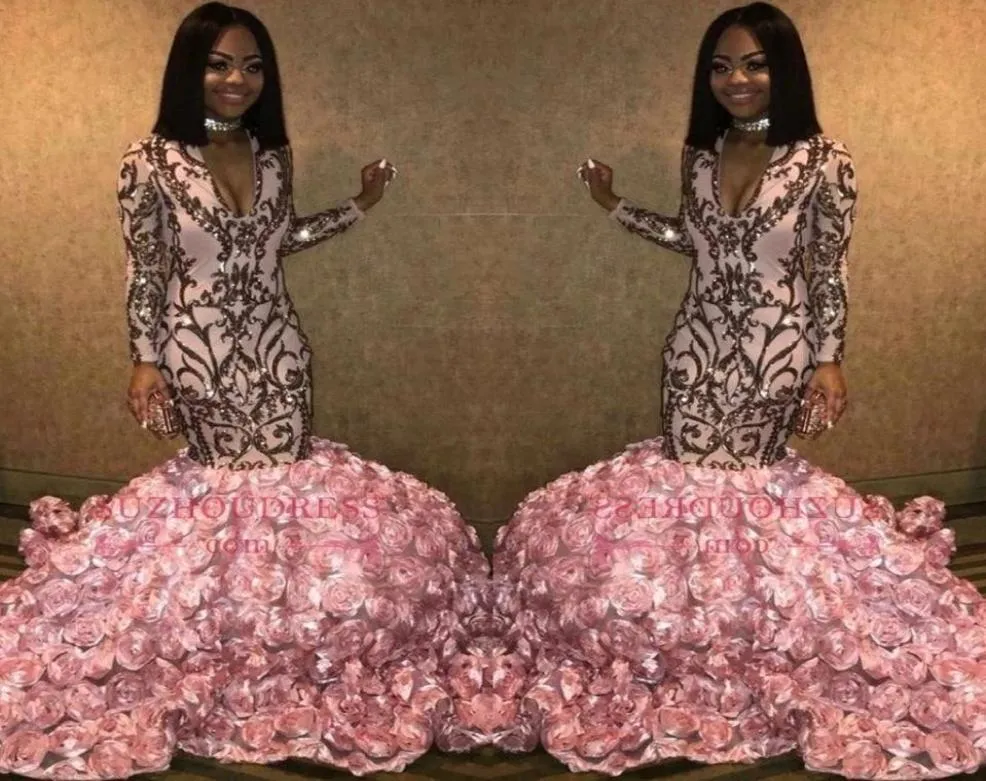 Африканские черные девушки Розовая русалка Длинные платья выпускного вечера 2019 с длинными рукавами и V-образным вырезом 3D Цветочные цветы длиной до пола Вечерние платья BC13807351