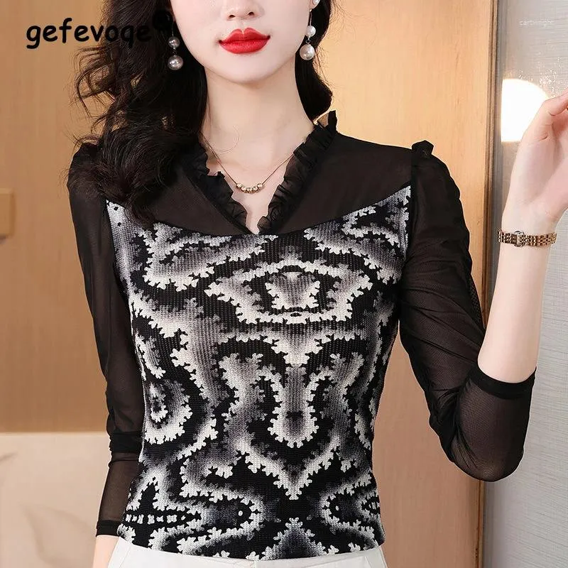 Women's T Shirts Women Korean Fashion Print Sexy Sheer Mesh Patchwork Elegant Shirt Autumn V Neck Long Sleeve Slim Basic Tops Ropa De Mujer