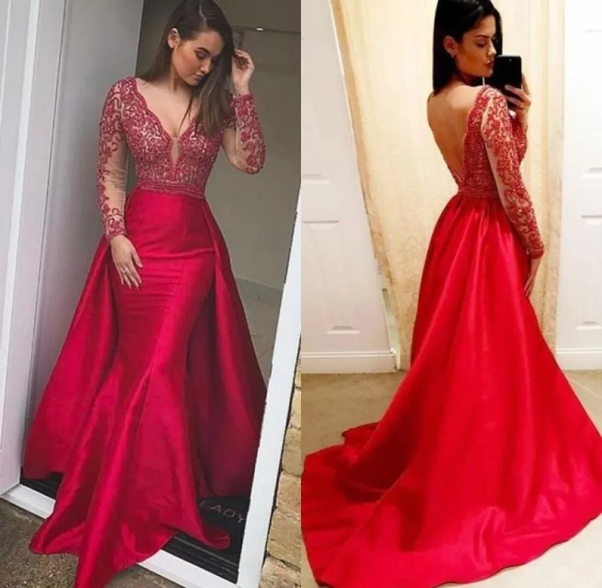 Mangas compridas sereia vermelho vestidos de baile com decote em v apliques beading cetim até o chão sem costas plus size vestidos de noite pageant party8333195