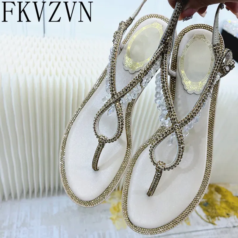 Sandals Split Toe Crystals Fringe Sandals Sexy Beach Flats Rhinestones Tassels Shoes For Women Black Ankle Straps Sandalias Mujer