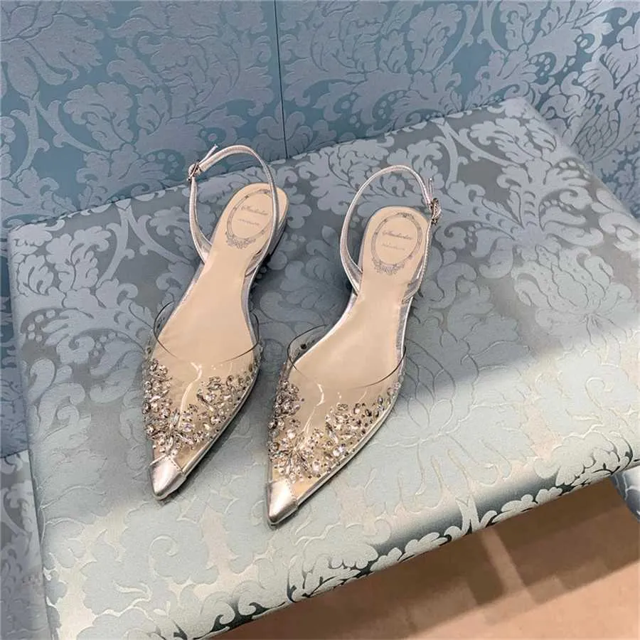 Nova fada strass sandálias transparentes verão sandália feminina apartamentos sapatos de cristal de salto baixo das mulheres 240228