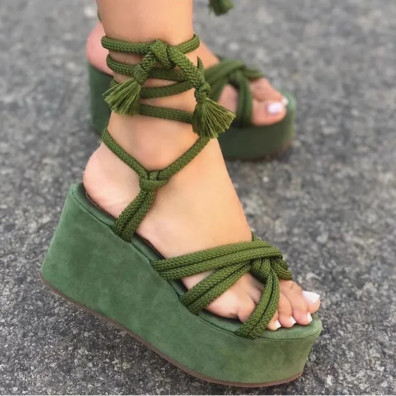 Sandalen 2023 Zomer plus size platform Wedge Sandals Women Fashion Round Toe Cross gebonden open teen dames sandalen Zapatos de mujer