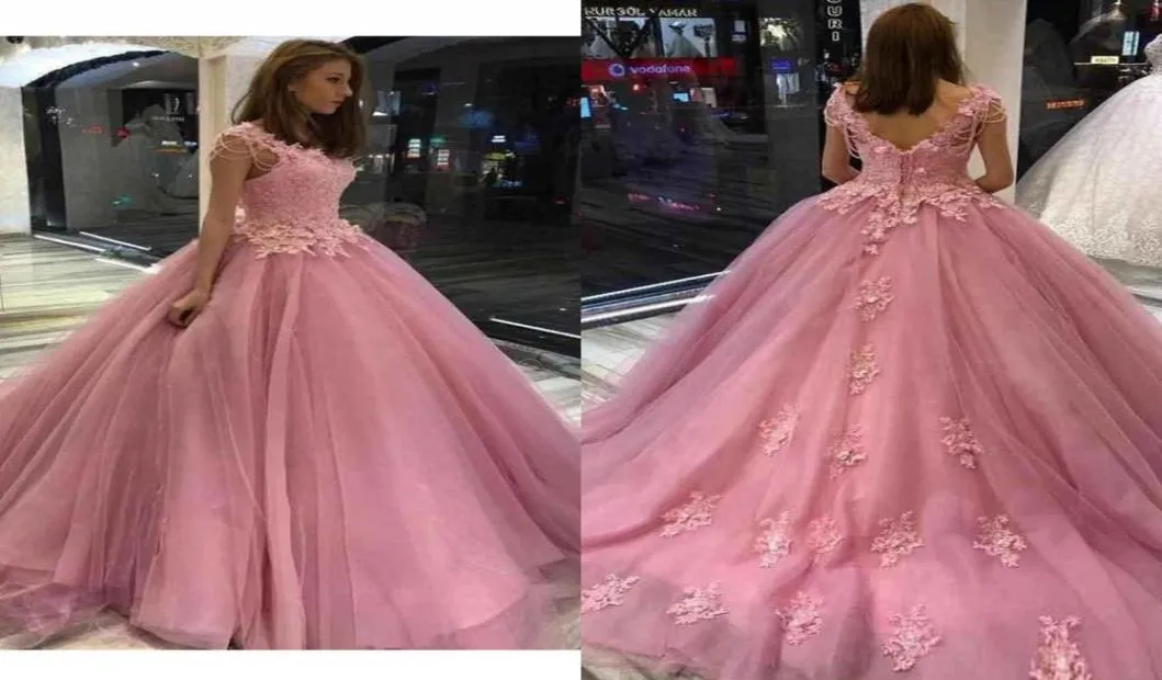 Rose Rose Sweet 16 Robes Perles Perles Cristal Applique Dentelle Robe De Quinceanera Robes De Bal Robe De Graduation 8e Année2554551