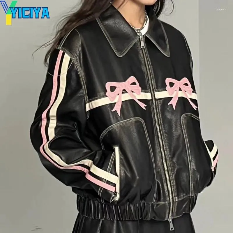 Chaquetas de mujer YICIYA Cuero Bow Knot Bomber Mujeres Hiphop Racing Invierno Chaqueta de moda coreana Vintage Outerwear Abrigos Diseño Outwear