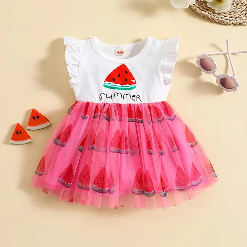 Vestidos de niña VISgogo, vestido de verano para niñas, estampado de sandías, malla, corte en A, princesa para fiesta en la playa, ropa bonita