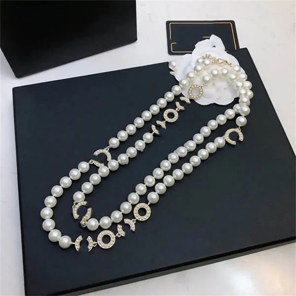 Designer Pendant Necklaces Double Letter Clogo Gold Crysatl Pearl Rhinestone Sweater Necklace Women Wedding Party Cclies Jewerlry 746