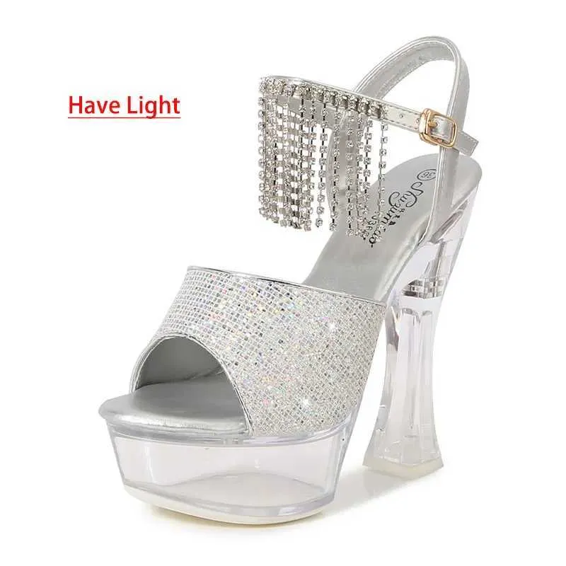Elbise ayakkabıları kadın 14cm kalınlığında topuk ayakkabı led aydınlık şeffaf platform elmas püsküllü pırlanta püskül