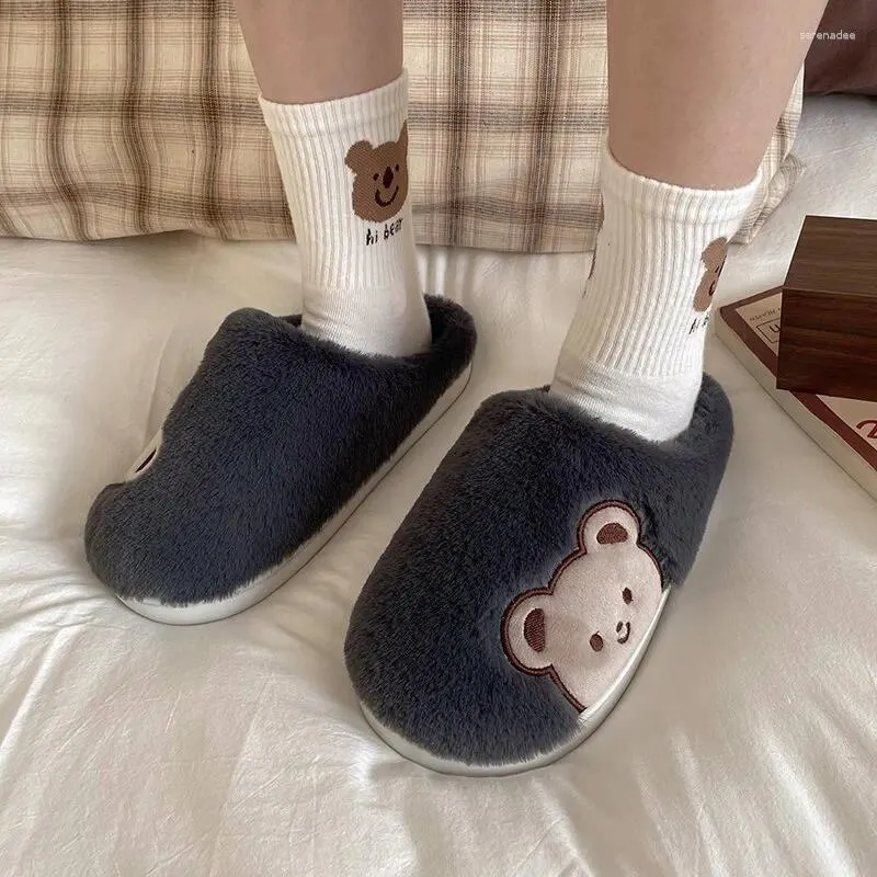 Slippers Fluffy Women Winter Plush Slides Cartoon Bear Mens Shoes Thick Sole Anti-Slip Couple Home Warm Slipper Female