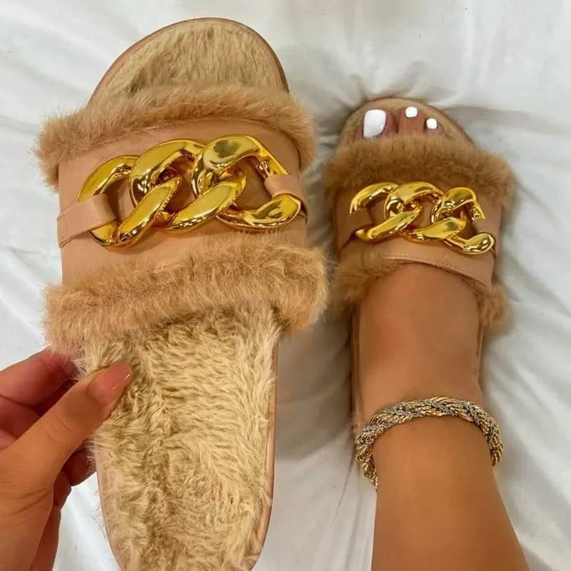 Chinelos 2023 inverno pelúcia moda dedo do pé aberto cor sólida sandálias mulheres corrente de metal ao ar livre sapatos casuais h240325