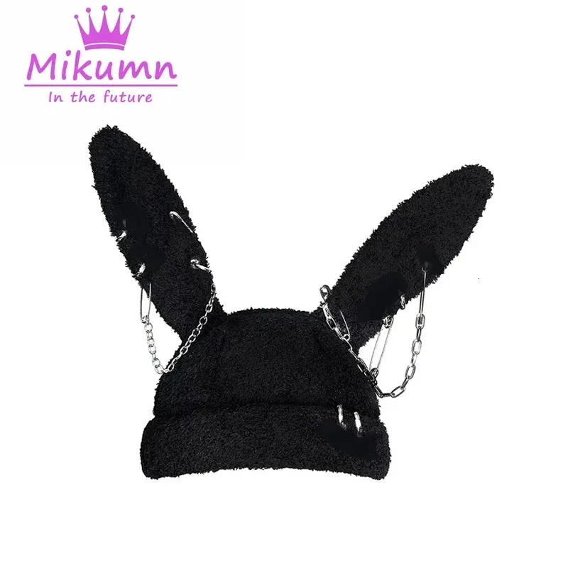 Gothic Grunge Rabbit Ear Hat HARAJUKU Y2K Punk łańcuch metalowy metalowy pierścień Lambslool Black Hat Kobiety Winter Warm Chic Streetwear 240307