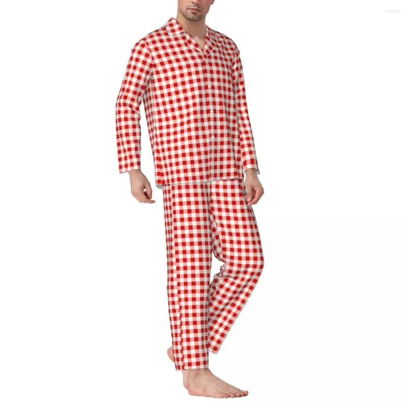 Мужская одежда для сна, красные и белые пижамные комплекты в клетку, клетчатый принт Kawaii, мужские свободные повседневные пижамы с длинными рукавами из 2 предметов, большой размер