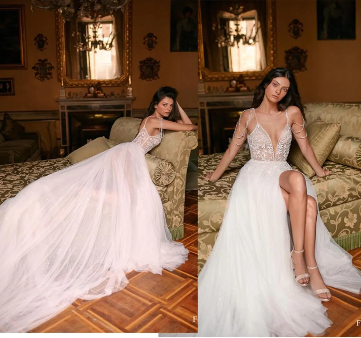 Gali Karten Split A Line Abito da sposa Applicazioni di cristallo Perle Spaghetti Senza maniche Backless Abiti da sposa Sweep Train Boho Bri6767296