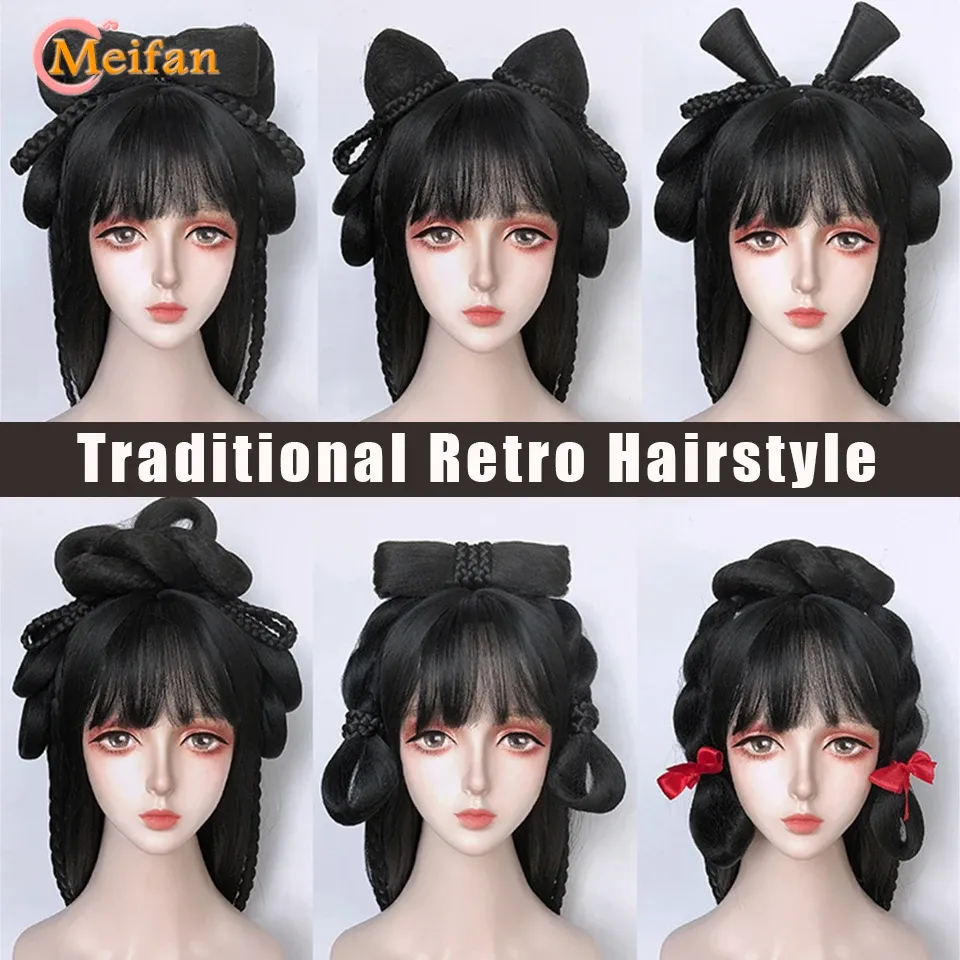 Chignon MEIFAN Synthetic Chinese Traditional Retro Black Hair Chignon Fake Hanfu Hair Bun Pad High Ancient Princess TV Cosplay Wig