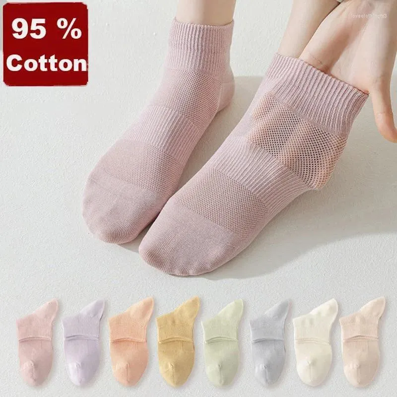 Damensocken aus 95 % Baumwolle, hochwertig, für Frühling und Sommer, atmungsaktives Netz, einfarbig, kurz, süß, antibakteriell, Deodorant