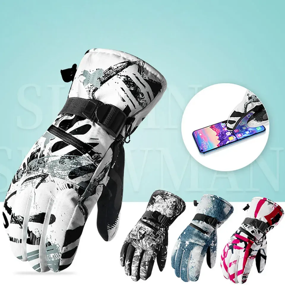 Guantes Nuevos guantes de esquí térmicos Hombres Mujeres Invierno Flanado impermeable Snowboard Cálido Guantes de nieve 3 dedos Pantalla táctil para esquiar