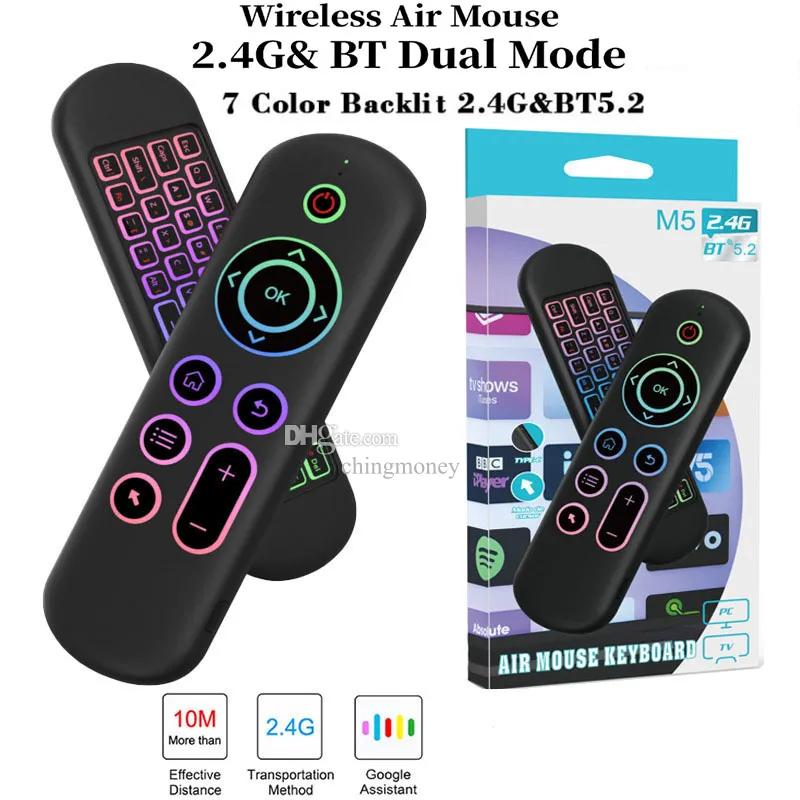 M5 Télécommande 2.4G BT 5.2 Télécommande sans fil Gyroscope Air Mouse Rétroéclairage 7 couleurs Récepteur USB Mini clavier pour Android TV Box PC Équipement électronique