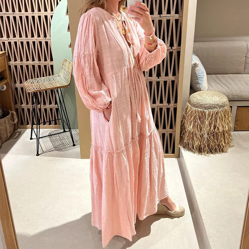 Boheemse elegantie dames roze effen kleur katoen-linnen a-lijn jurk met losse taille voor een trendy herfstensemble