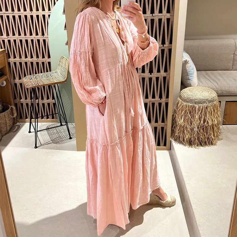 Boho Pink A-Line Dress - Womens Cotton Linen Loose Waist Autumn Dress -  Elegant Bohemian Style, Trendy Fall Fashion from Dhgate Ethnic Clothing -  price 19.13