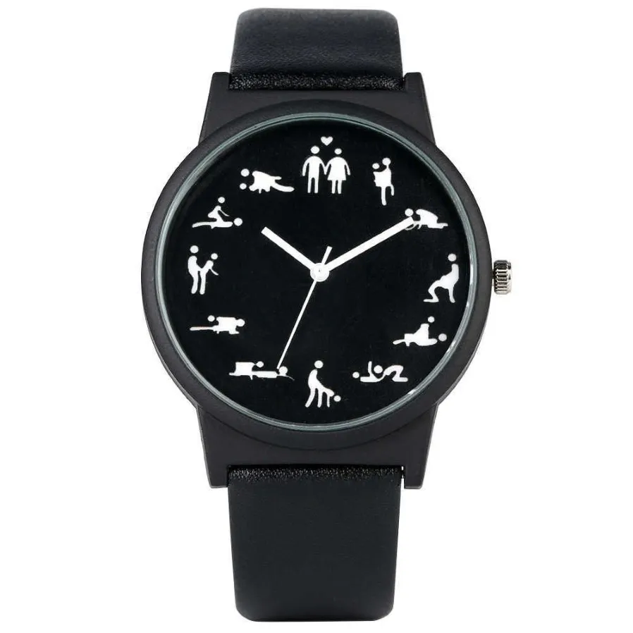 Relógio de quartzo criativo divertido para homens, mostrador preto, relógios de quartzo confortáveis, pulseira de couro preto, relógio de pulso para homens h1012214h
