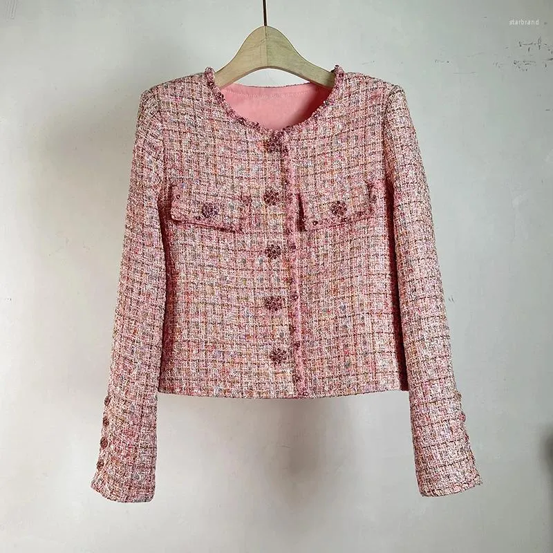 Vestes Femmes Rose Petit Parfum Manteau Court Printemps Haute Qualité Perlée À Manches Longues O Cou Français Douce Tweed Veste Femme