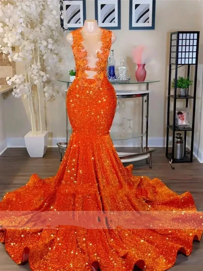 open lace back dress sparkle mermaid orange sequins long prom dress with slit ,DS4495 – DSProm