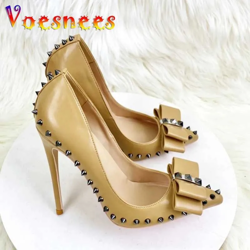 Dress Shoes 2024 Spring And Summer New Pointed Toe Single 12CM Comfortable Slim Heel Bow High Heels Fashion Rivet Womens Stage Pumps H240325