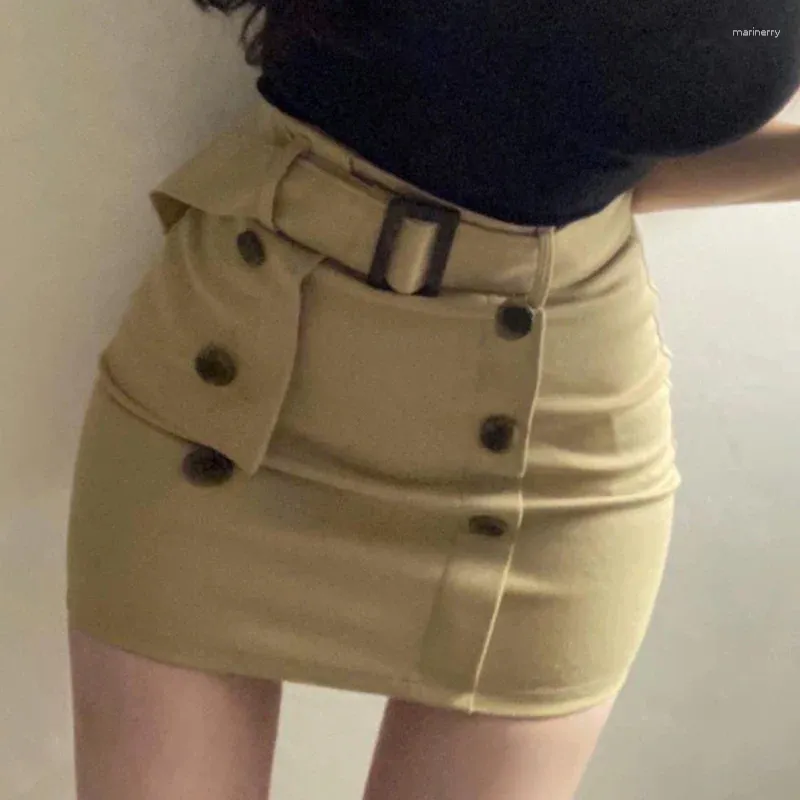 Skirts Korean Casual Slim Slimming Sexy Feminine High Waist Hip Belt Double Breasted Women Skirt